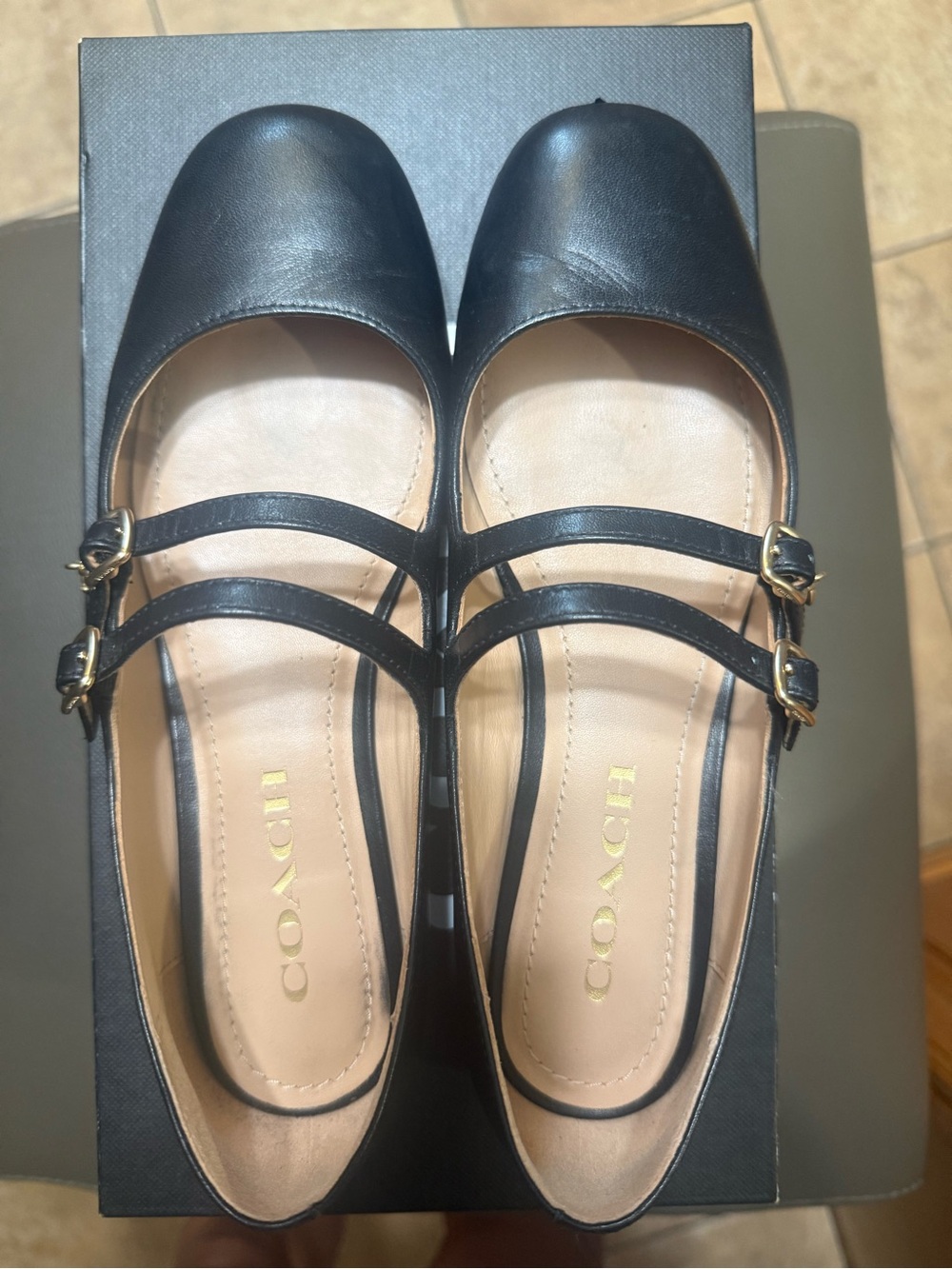 Coach Whitley Black Black Double-Strap Leather Mary Jane Flats with Gold Size 6
